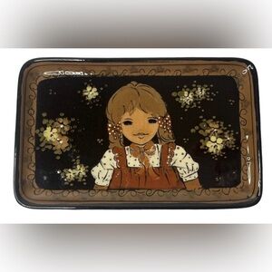 Hand Painted German Tray Girl Flowers Signed Vintage 7.75" x 4.75" Signed